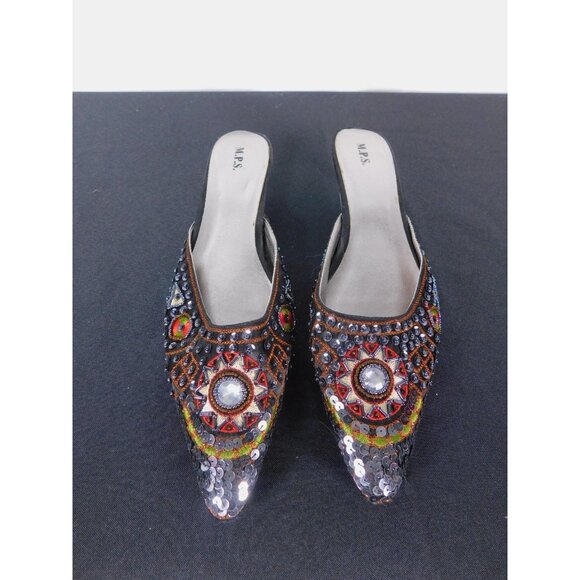 M.P.S Black Sequin Beaded Mule Heels 9 - Kitten Heel Party Slip-On - Excellent - Picture 5 of 8